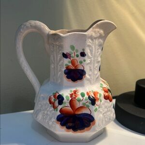 Antique 19th Decorated Gaudy Staffordshire Pitcher Imari Palette Relief Molded
